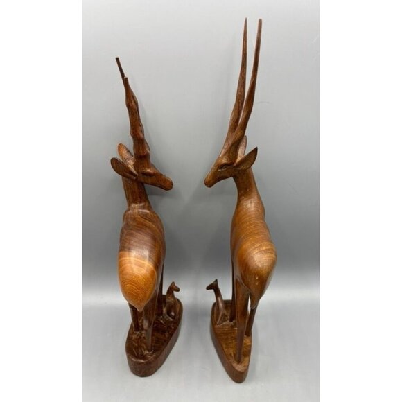 Vtg 2 Pc Hand Carved Wooden Antelope Figurines Set Babies Africa - Picture 8 of 10